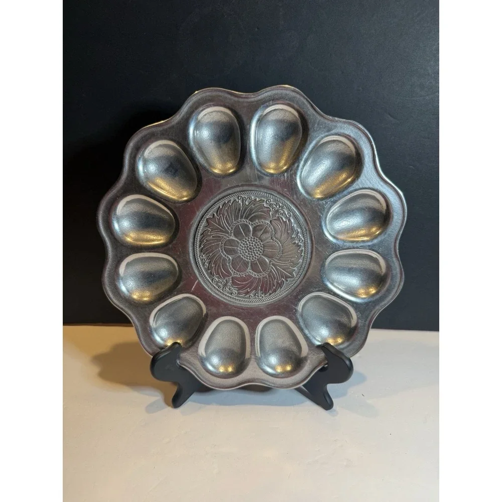 Wilton Armetale Deviled Egg Tray 12 Egg Floral Pewter Serving Platter 11